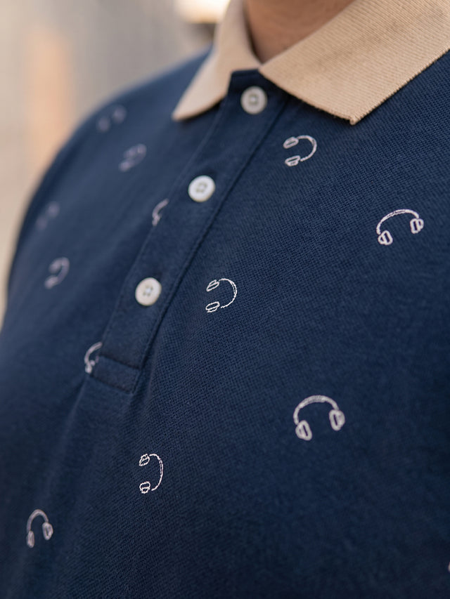 Men Plus Size Nebula Navy Blue Printed Polo