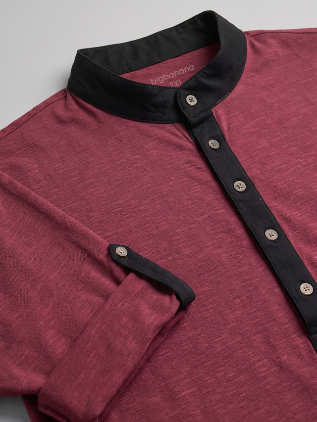 Men Plus Size Festoon Maroon Solid Henley