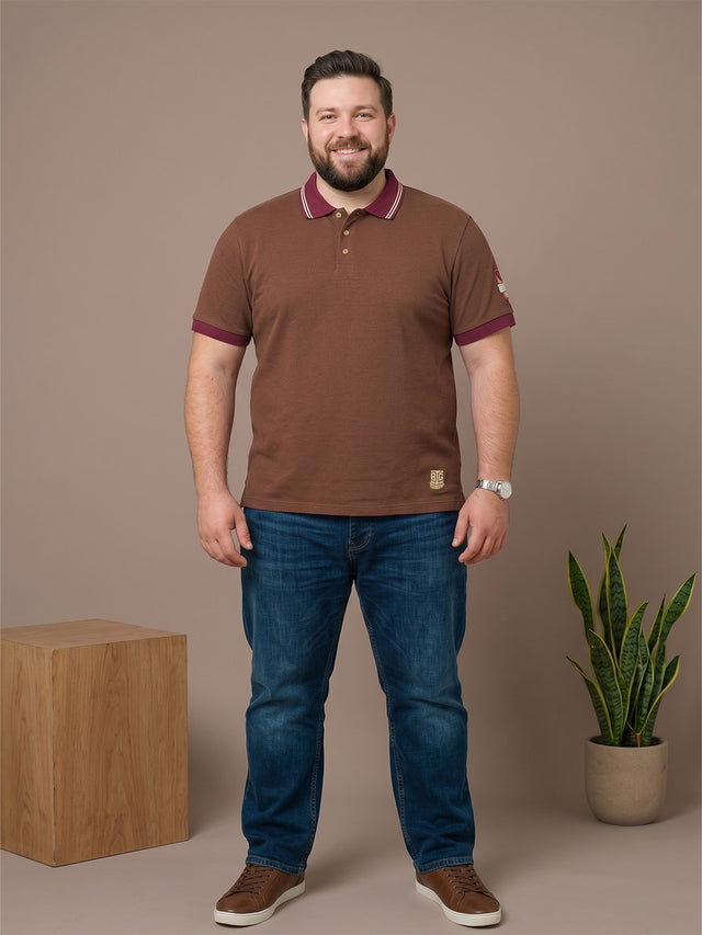 Men Plus Size Oatmeal Beige Solid Polo