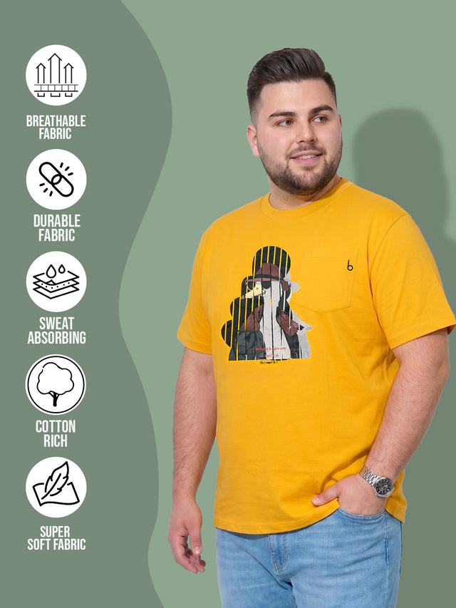 Men Plus Size Solarsketch Yellow Printed Round Neck