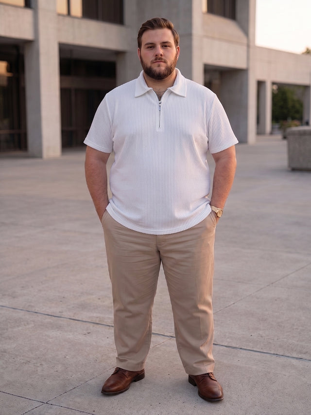 Men Plus Size Wlira White Waffle Polo Tshirt