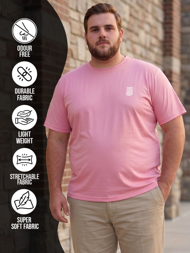 Men Plus Size Hiddenmist-Pink Solid Pink Round Neck Tshirt