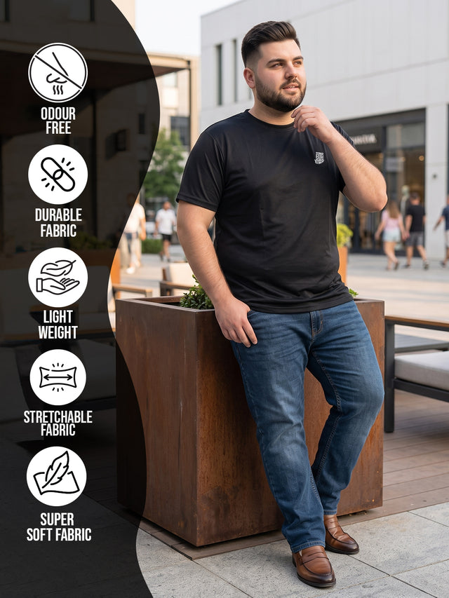 Men Plus Size Hiddenmist-Black Solid Black Round Neck Tshirt