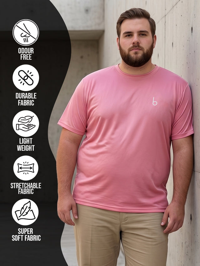 Men Plus Size Vaporcrew-Pink Solid Pink Round Neck