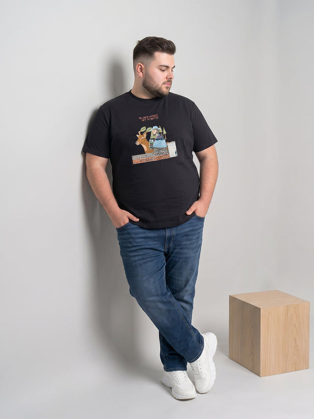 Men Plus Size Veritas Black Printed Round Neck