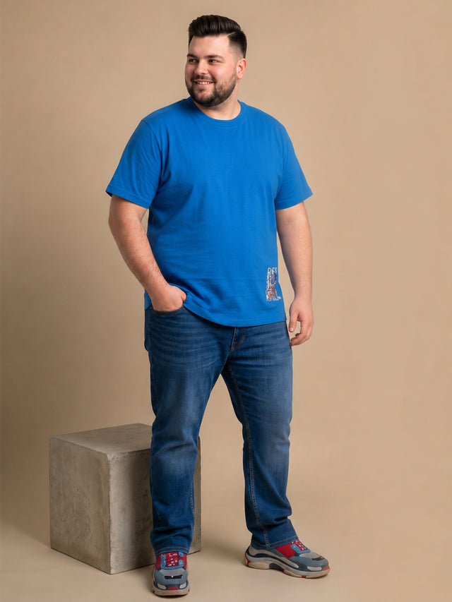 Men Plus Size Skyrogue Blue Printed Round Neck