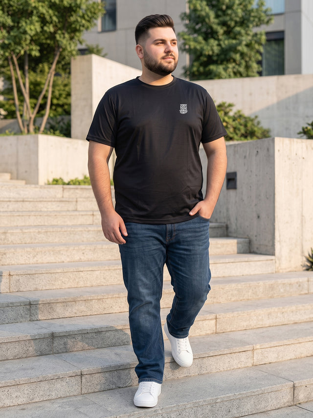 Men Plus Size Hiddenmist-Black Solid Black Round Neck Tshirt