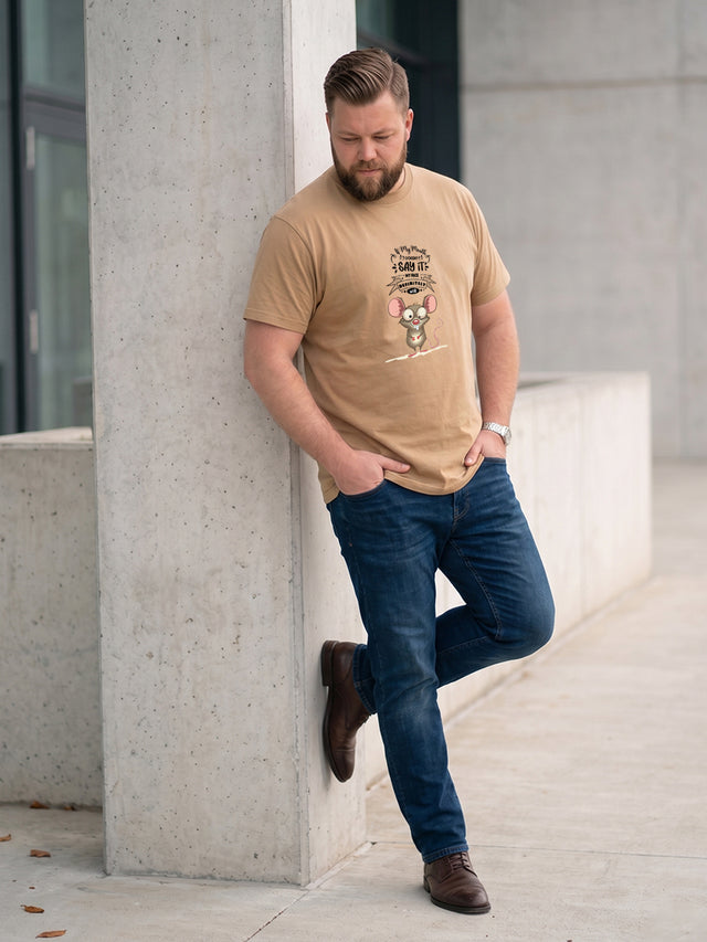 Men Plus Size Beigebanter Beige Printed Round Neck