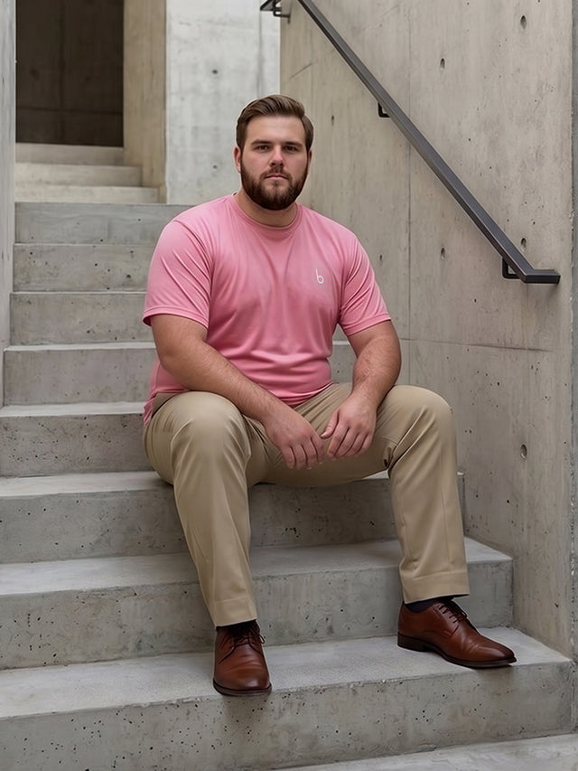 Men Plus Size Vaporcrew-Pink Solid Pink Round Neck