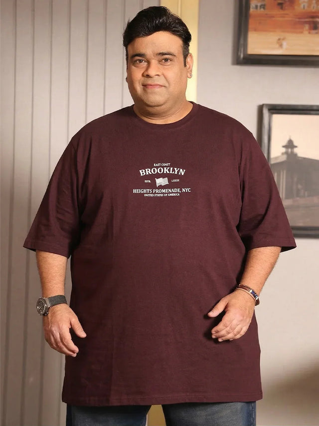 Men Plus Size Hipster Maroon Printed Round Neck Tshirt