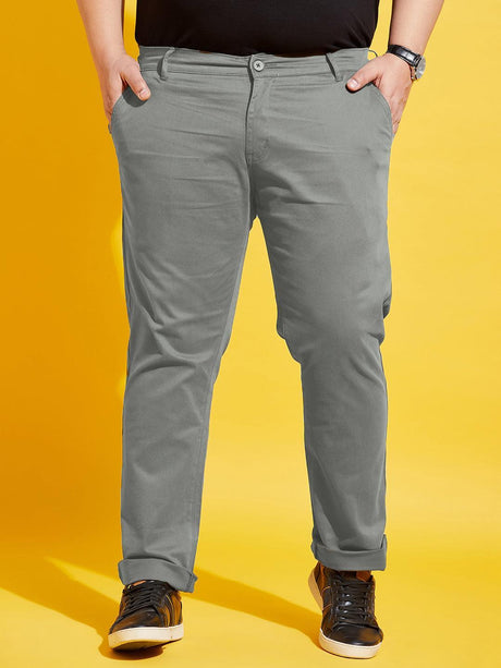 Men Plus Size Lepton-Grey Solid Trouser - bigbanana