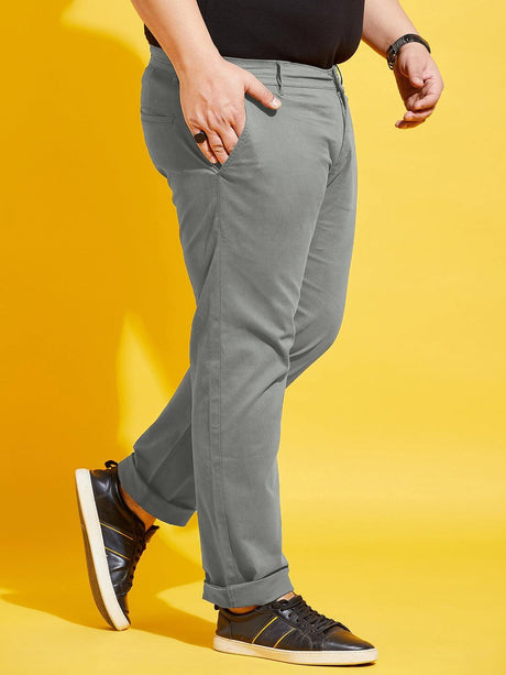 Men Plus Size Lepton-Grey Solid Trouser - bigbanana