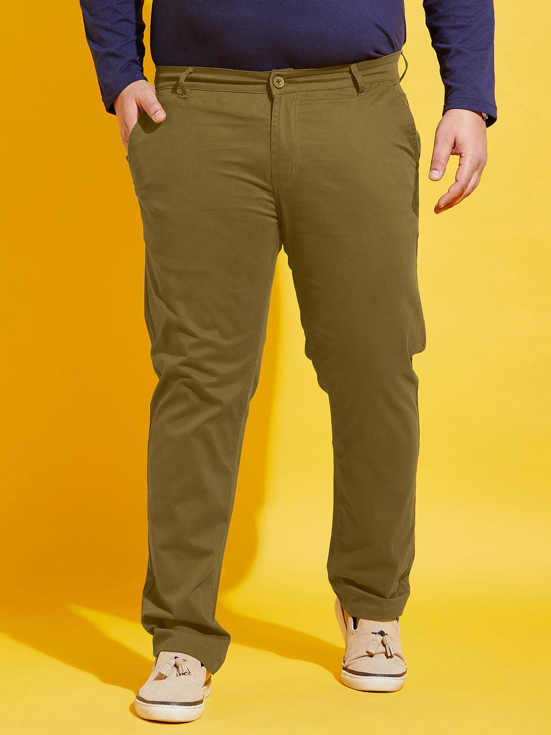 Men Plus Size Lepton-Olive Solid Trouser - bigbanana