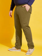 Men Plus Size Lepton-Olive Solid Trouser - bigbanana