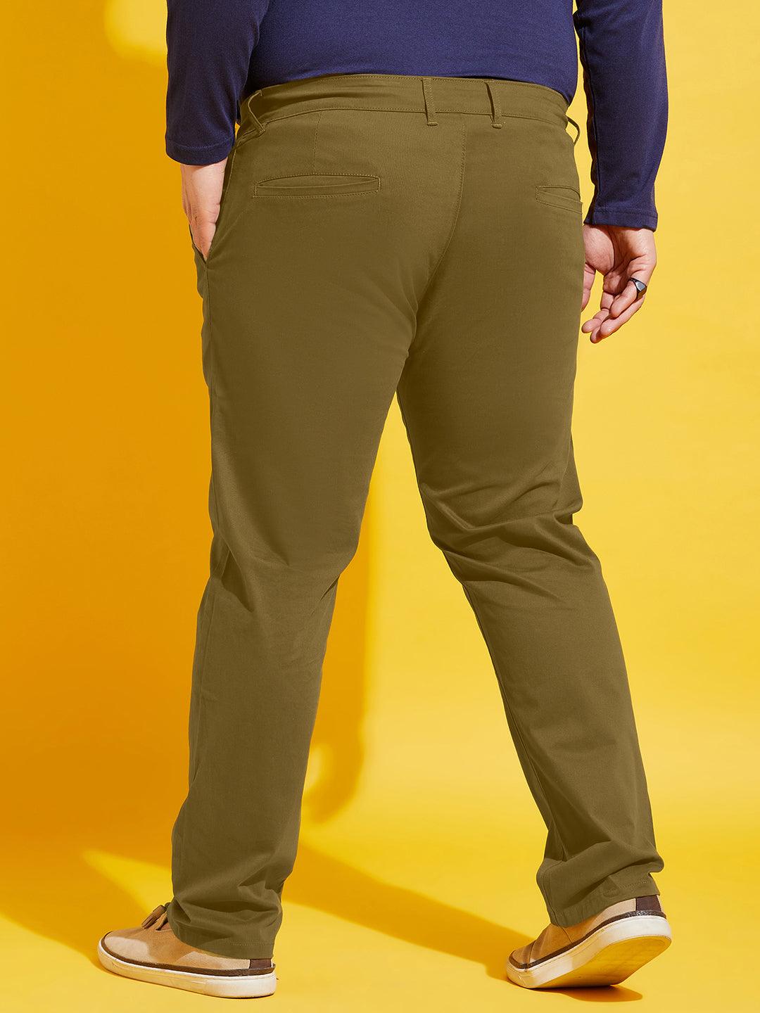 Men Plus Size Lepton-Olive Solid Trouser - bigbanana