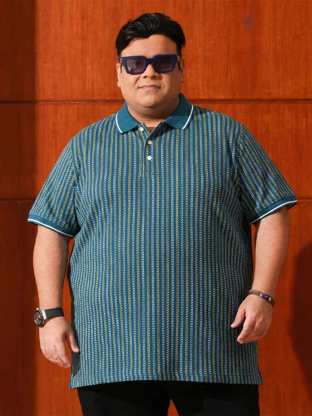 Men Plus Size Morsel-Blue Striped Polo Tshirt
