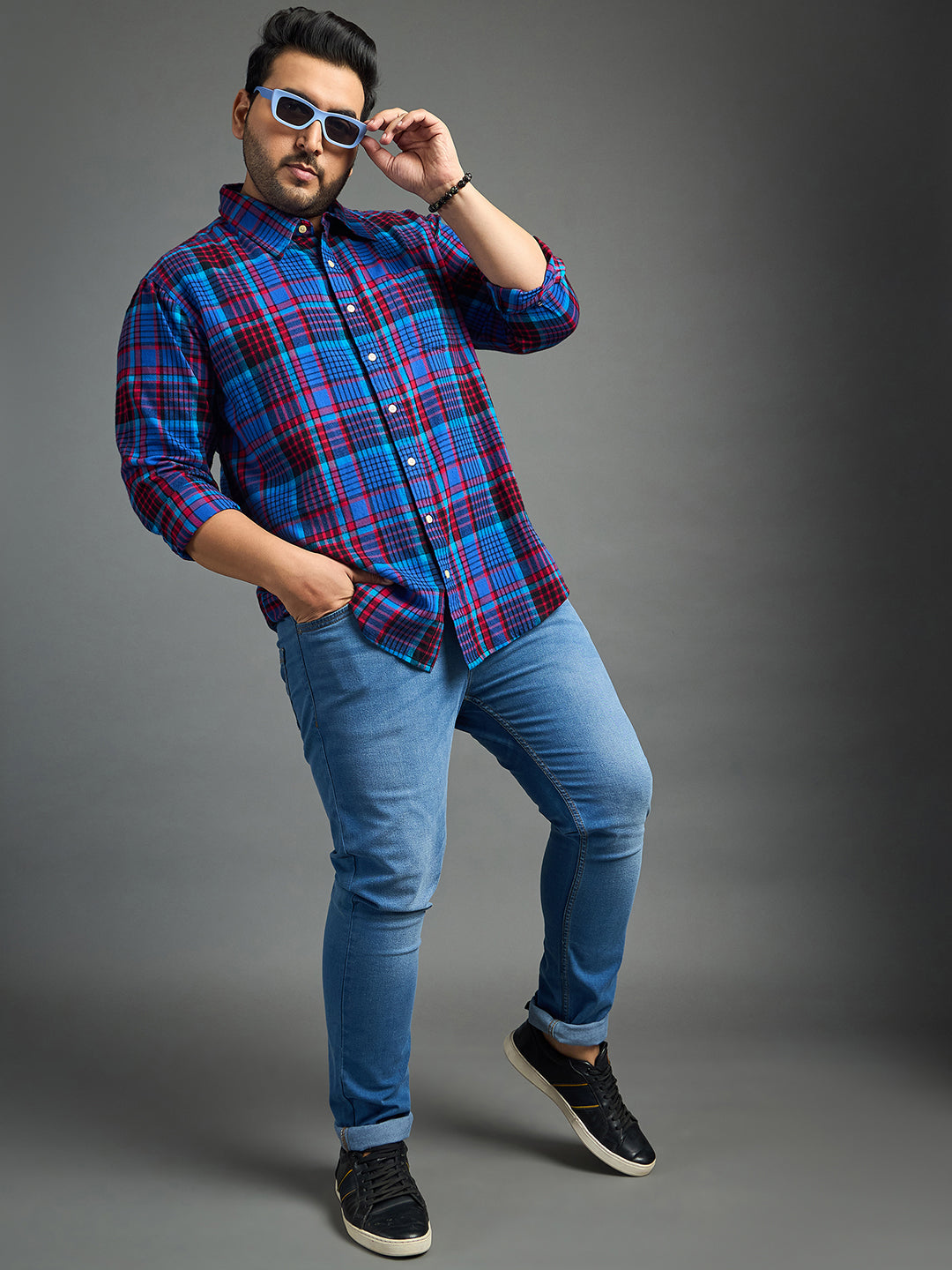 Men Plus Size Moses Red Checked blue Shirt - bigbanana