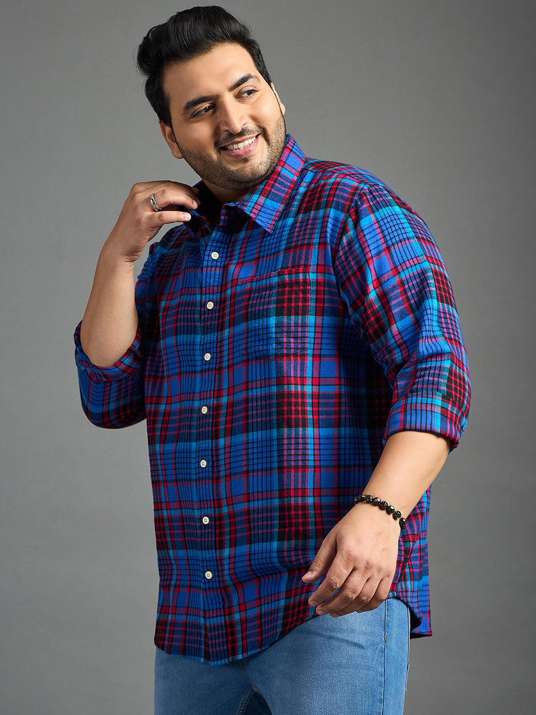 Men Plus Size Moses Red Checked blue Shirt - bigbanana