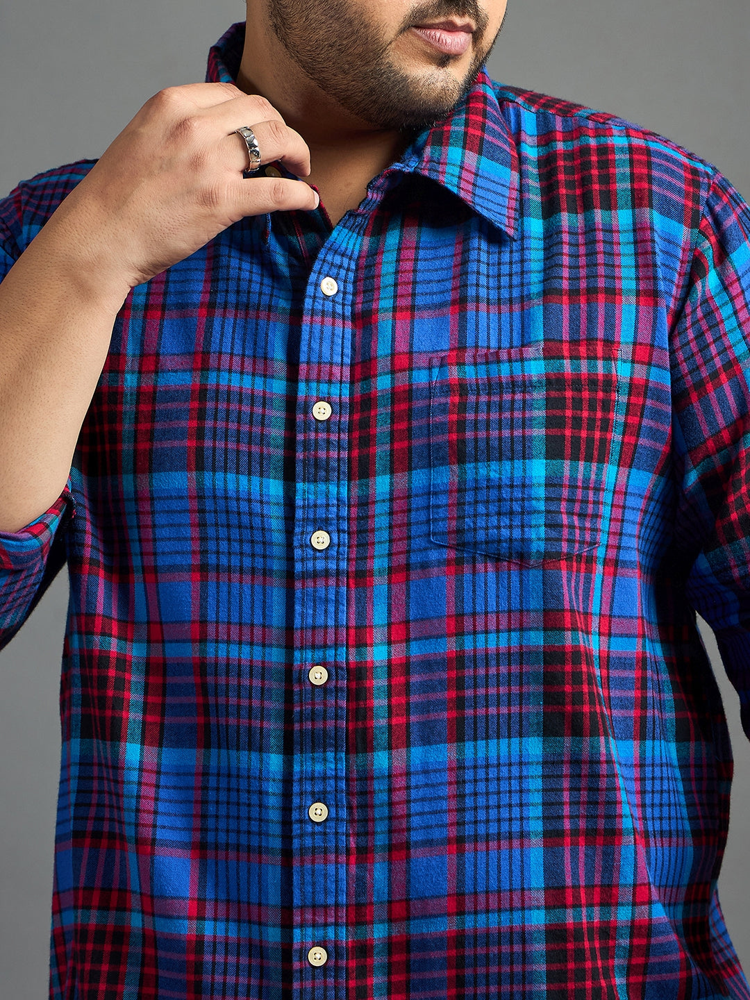 Men Plus Size Moses Red Checked blue Shirt - bigbanana