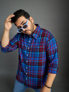 Men Plus Size Moses Red Checked blue Shirt - bigbanana