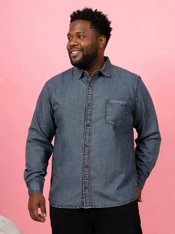 Men Plus Size Nebrasko Blue Solid Casual Shirt