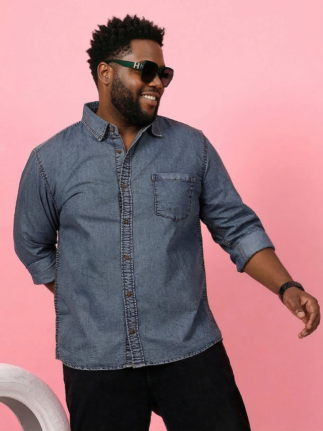 Men Plus Size Nebrasko Blue Solid Casual Shirt