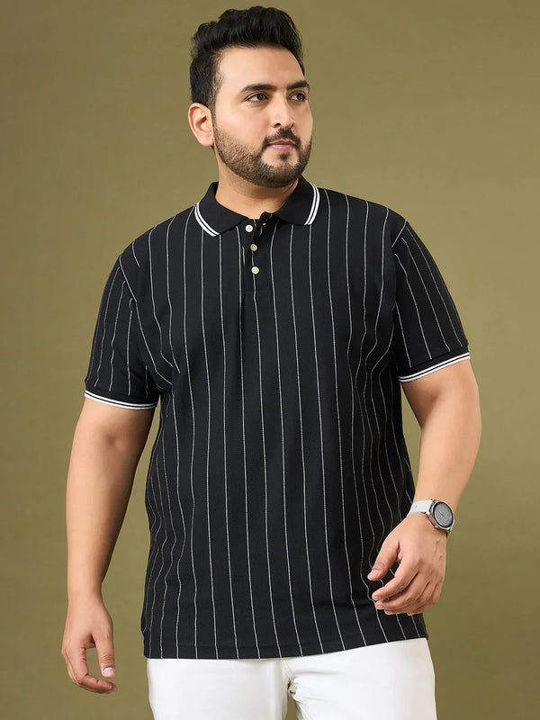 Men Plus Size Noir Black Striped Polo Tshirt