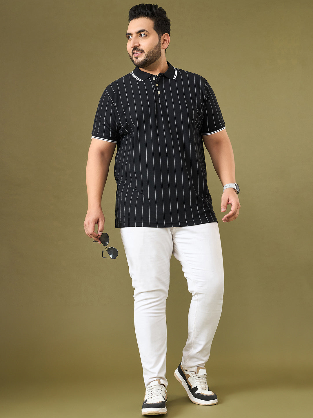 Men Plus Size Noir Black Striped Polo Tshirt