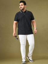 Men Plus Size Noir Black Striped Polo Tshirt