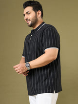 Men Plus Size Noir Black Striped Polo Tshirt