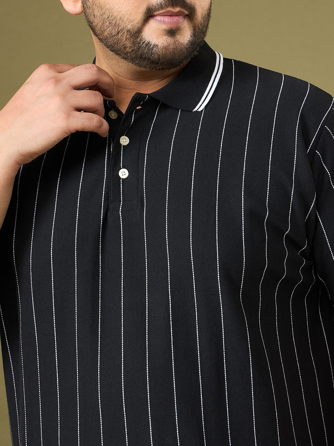 Men Plus Size Noir Black Striped Polo Tshirt