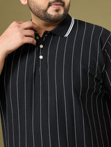 Men Plus Size Noir Black Striped Polo Tshirt