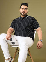 Men Plus Size Noir Black Striped Polo Tshirt