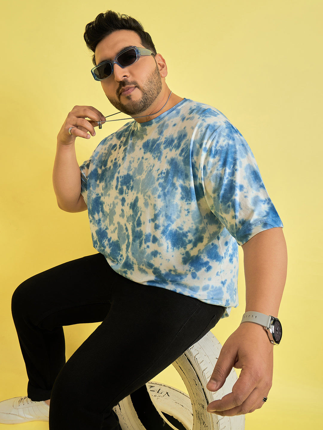 Men Plus Size Novation Sky blue Printed Round Neck Tshirt