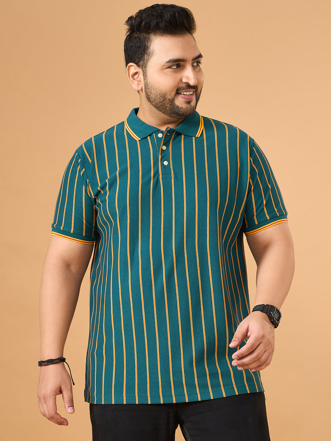 Men Plus Size Obis Green Striped Polo Tshirt