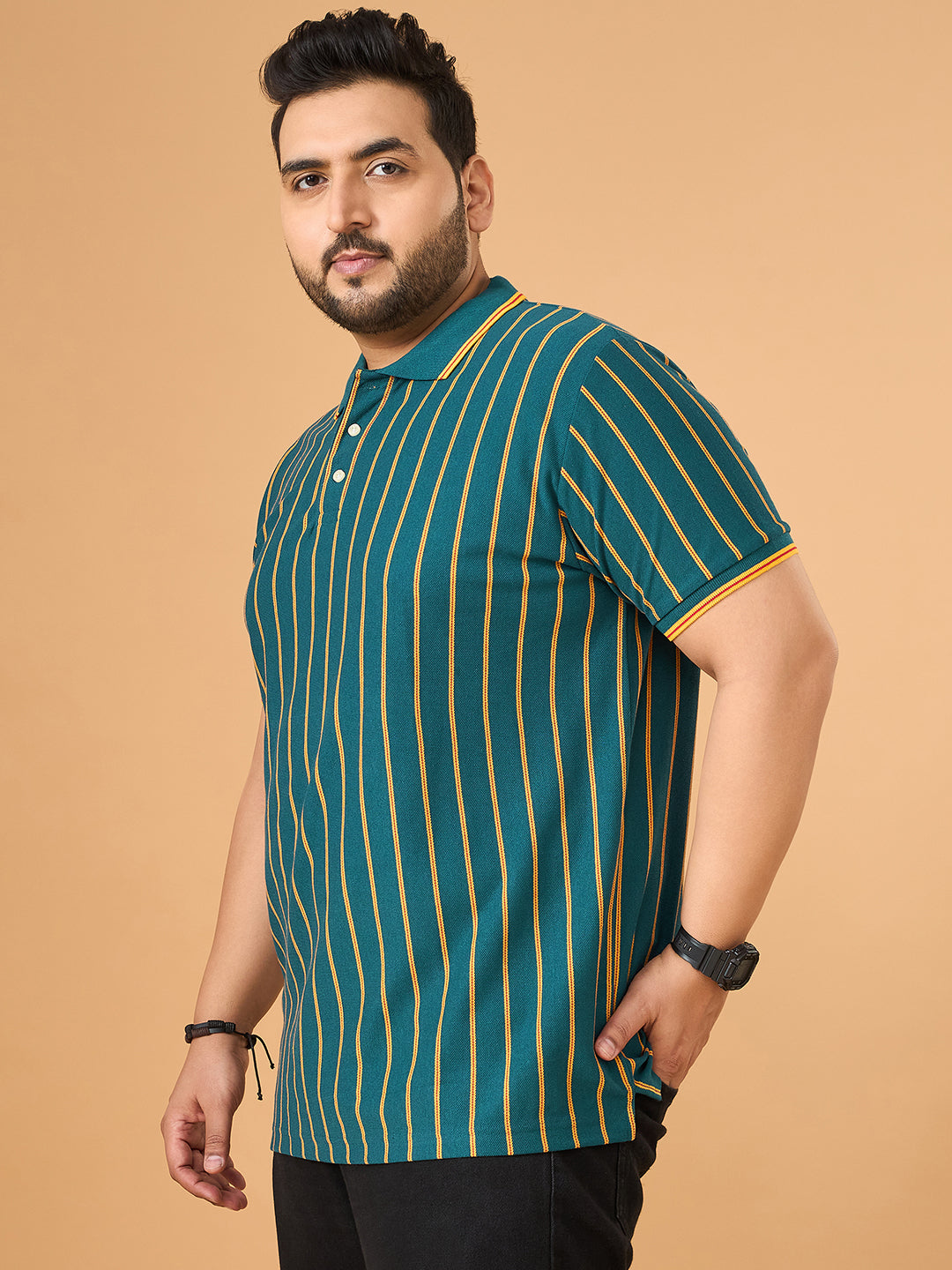 Men Plus Size Obis Green Striped Polo Tshirt