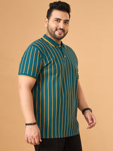 Men Plus Size Obis Green Striped Polo Tshirt