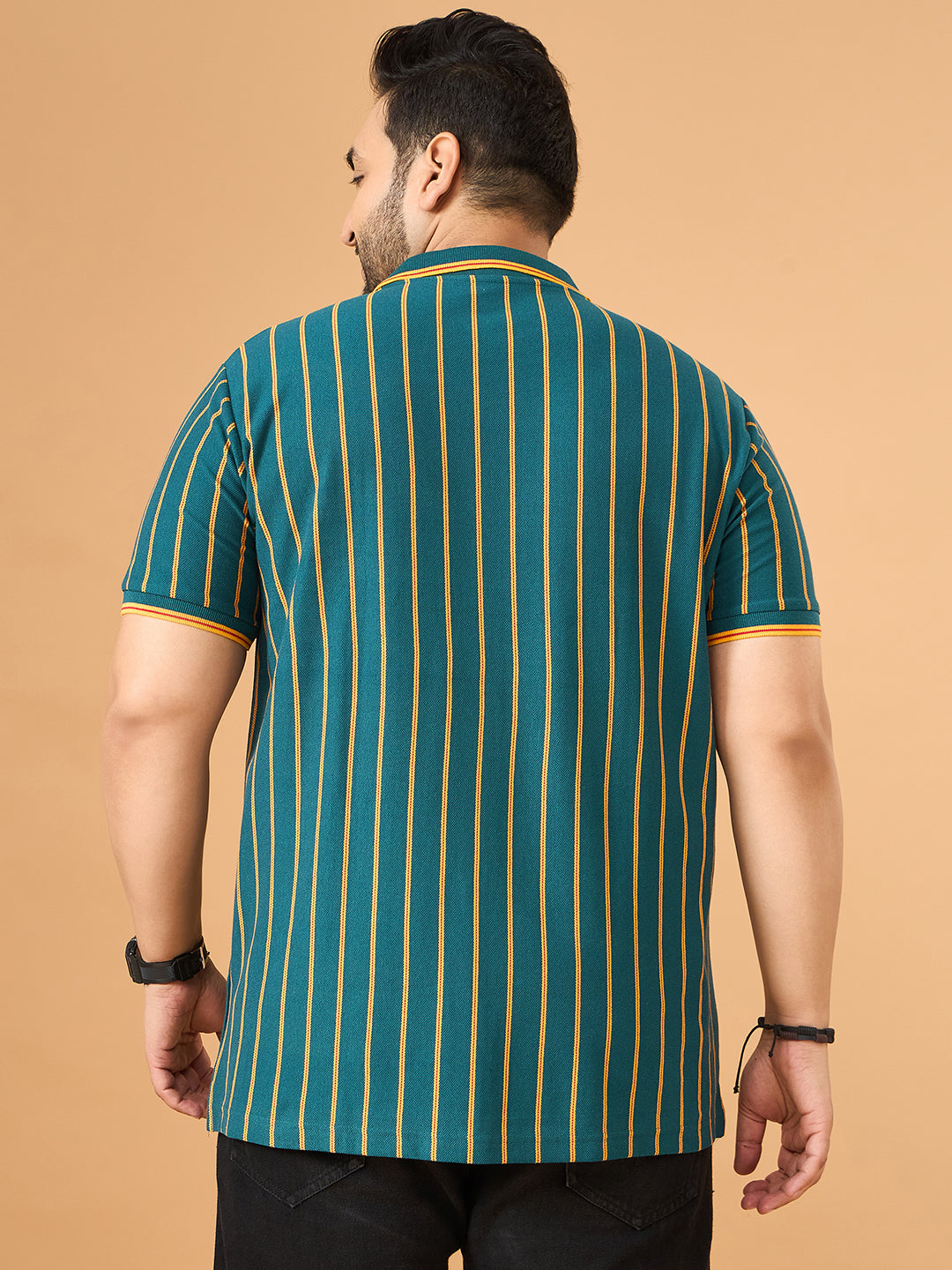 Men Plus Size Obis Green Striped Polo Tshirt