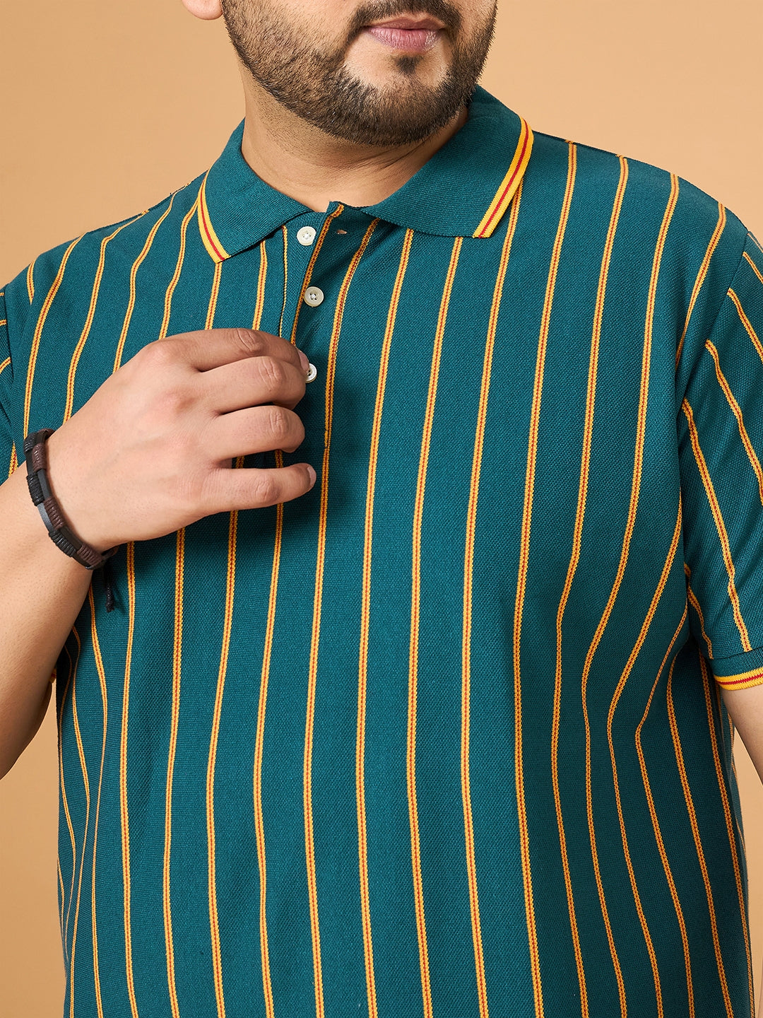 Men Plus Size Obis Green Striped Polo Tshirt