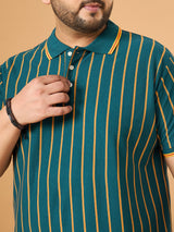 Men Plus Size Obis Green Striped Polo Tshirt
