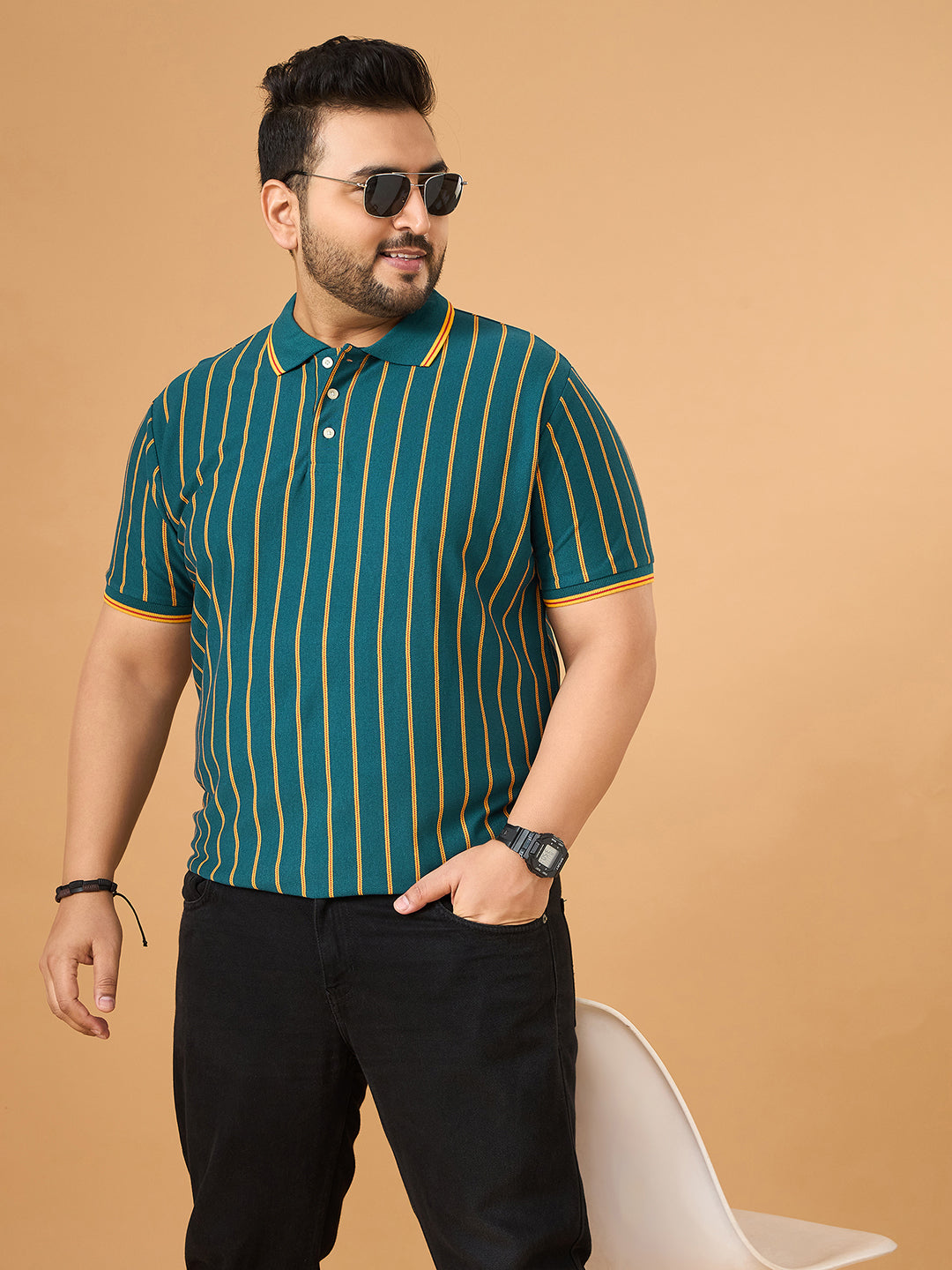 Men Plus Size Obis Green Striped Polo Tshirt