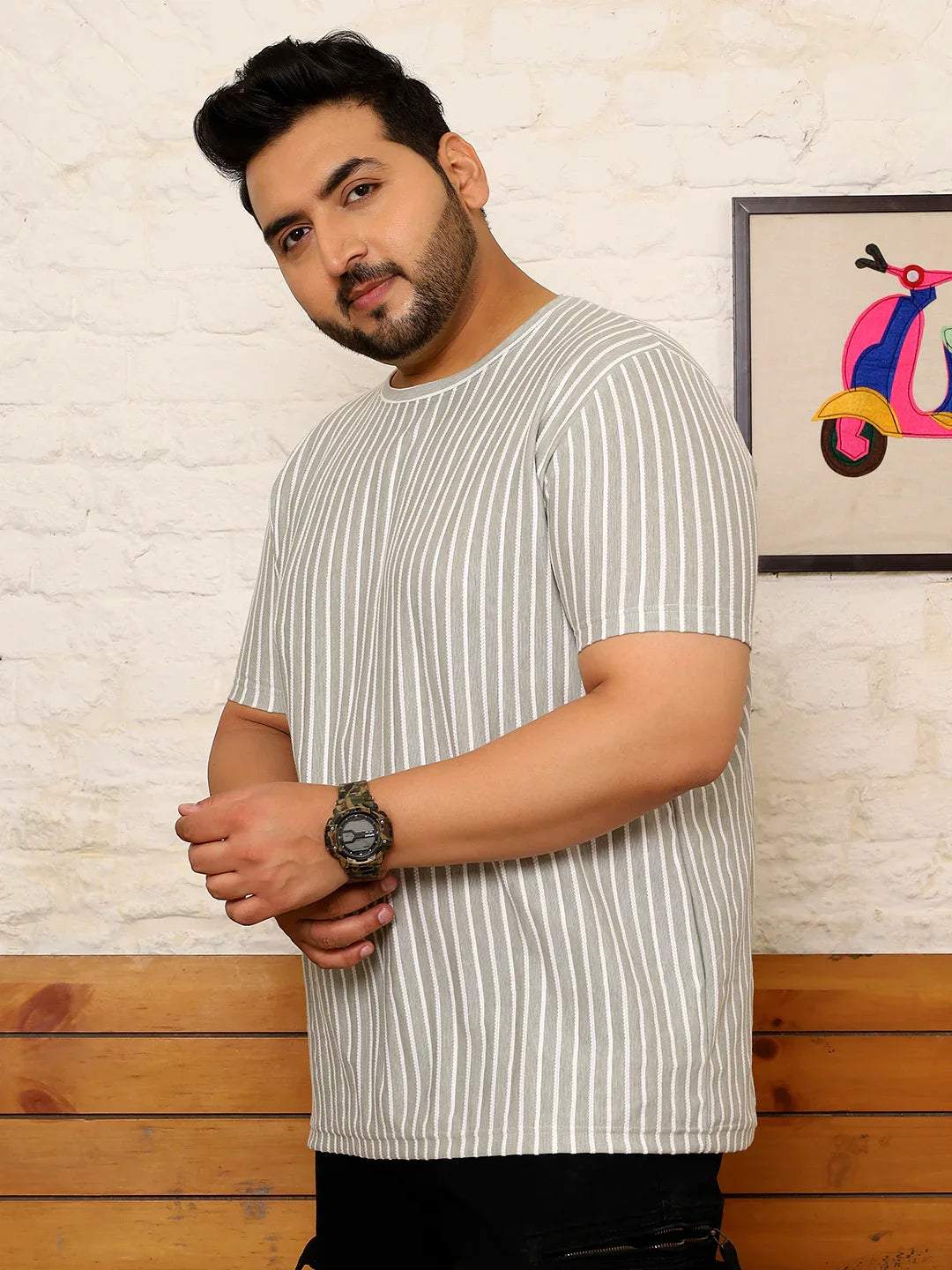 Men Plus Size Ovrlyn Striped Multicolored Round Neck Tshirt - bigbanana