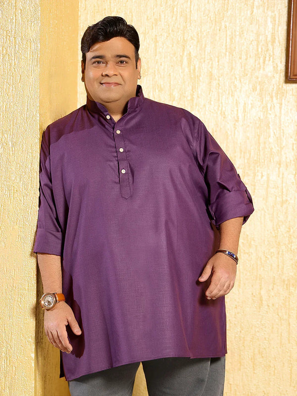 Men Plus Size Pollan-Purple Solid Short Kurta