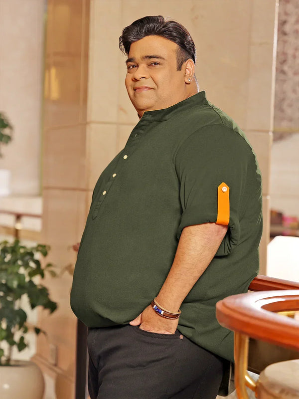 Men Plus Size Warren-Olive Solid Henley Tshirt