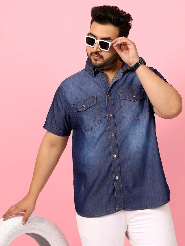 Men Plus Size Palau Blue Solid Shirt - bigbanana