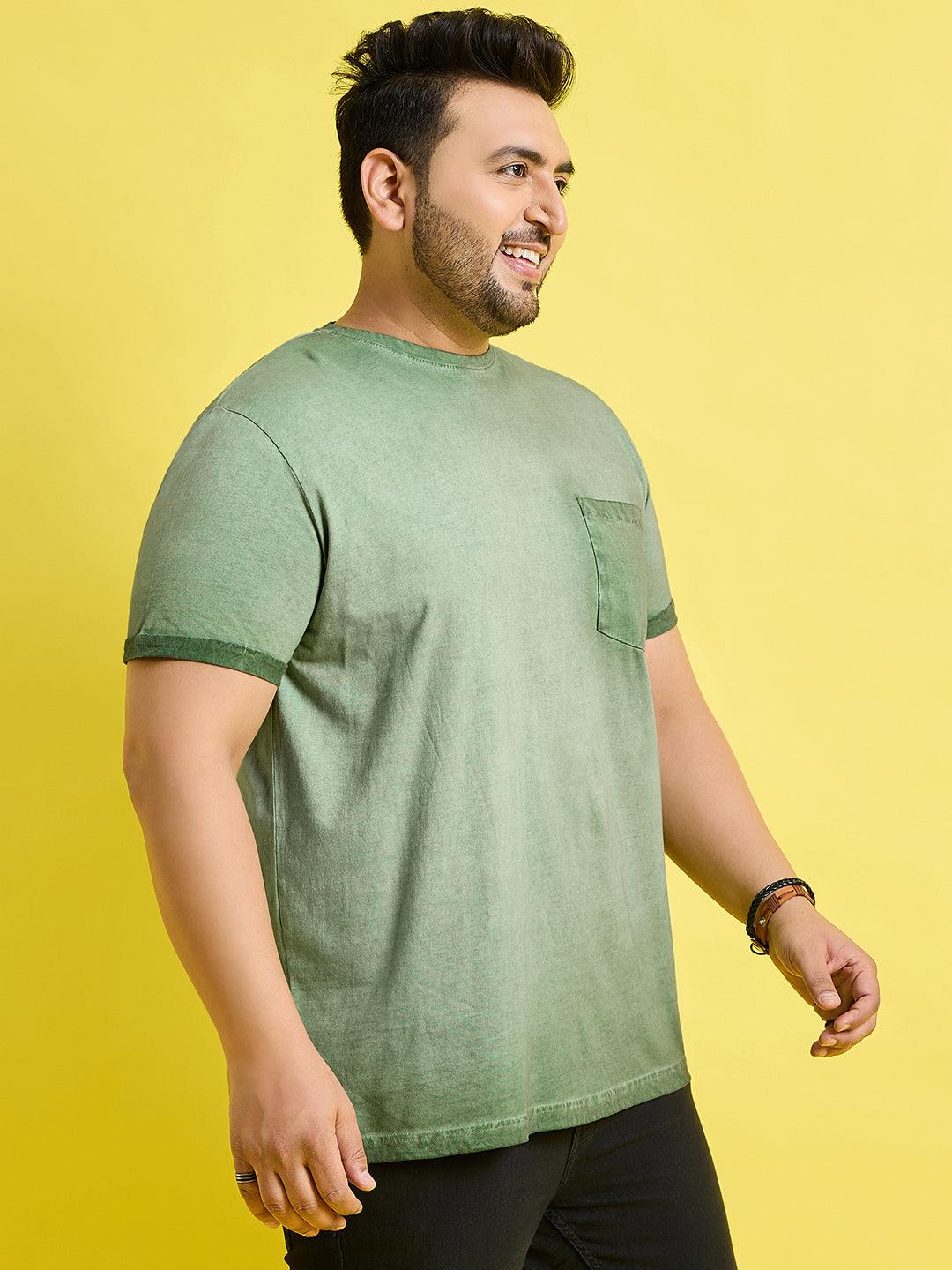 Men Plus Size Piccolo-Green Solid Round Neck Tshirt - bigbanana