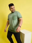 Men Plus Size Piccolo-Green Solid Round Neck Tshirt - bigbanana