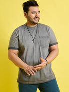 Men Plus Size Piccolo-Grey Solid Round Neck Tshirt - bigbanana