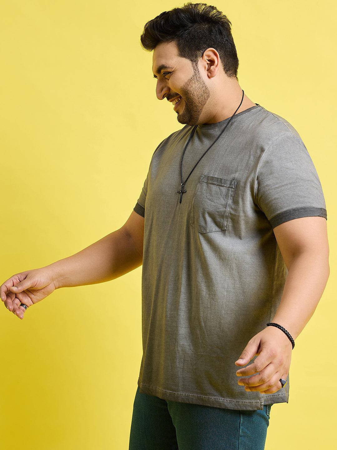 Men Plus Size Piccolo-Grey Solid Round Neck Tshirt - bigbanana