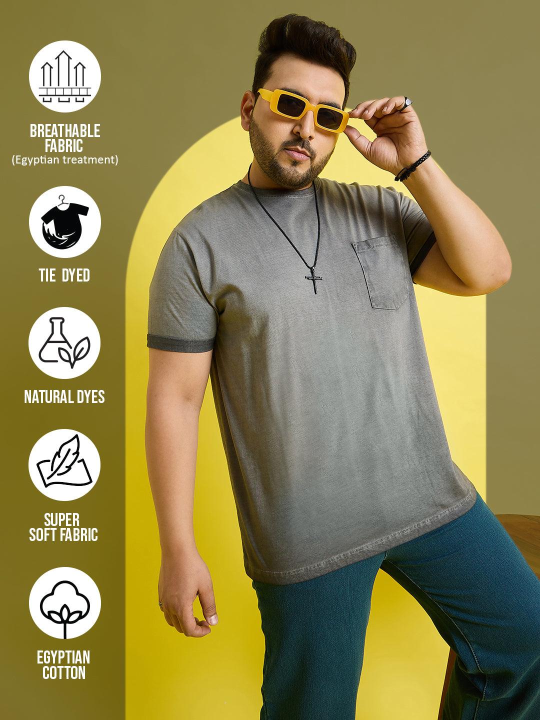 Men Plus Size Piccolo-Grey Solid Round Neck Tshirt - bigbanana